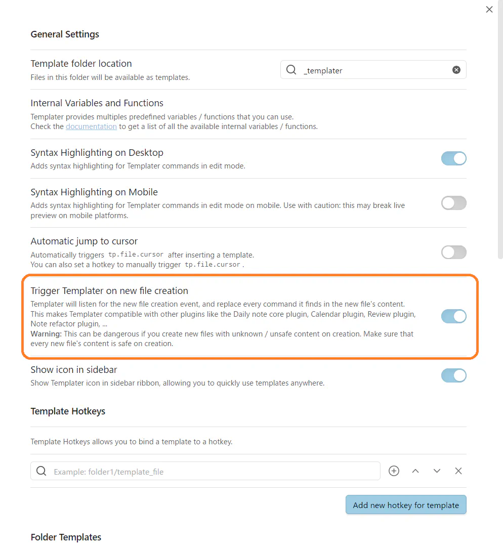 Monthly NotesでTemplaterのテンプレートを使用したい場合の設定